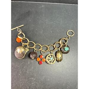 Vintage Charm Bracelet Brass Tone Glass Beads Chunky Statement 8 Inch